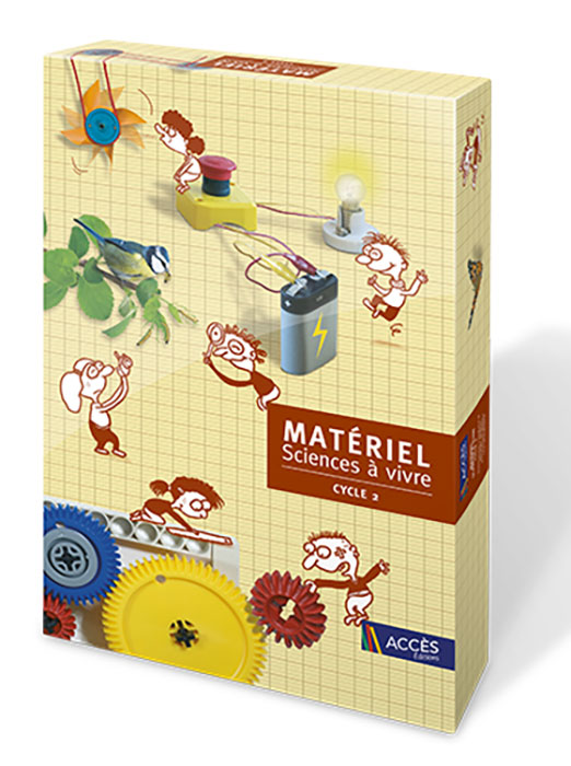 Coffret Sciences à vivre Cycle 2 illustré par des dessins d'enfants interagissent et expérimentent avec divers objets.