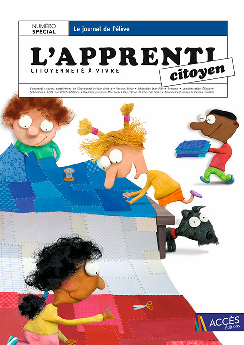 Couverture du journal de l’élève l’Apprenti Citoyen représentant des enfants fabriquant le drapeau français en patchwork.
