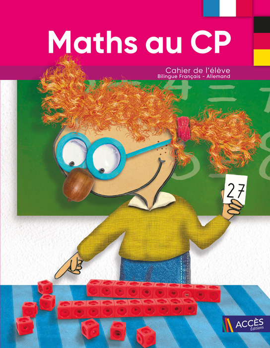 Dessin d'enfant qui résout un problème de Maths sur la couverture du Cahier de l'Élève Bilingue Maths au CP d'ACCÈS Éditions.