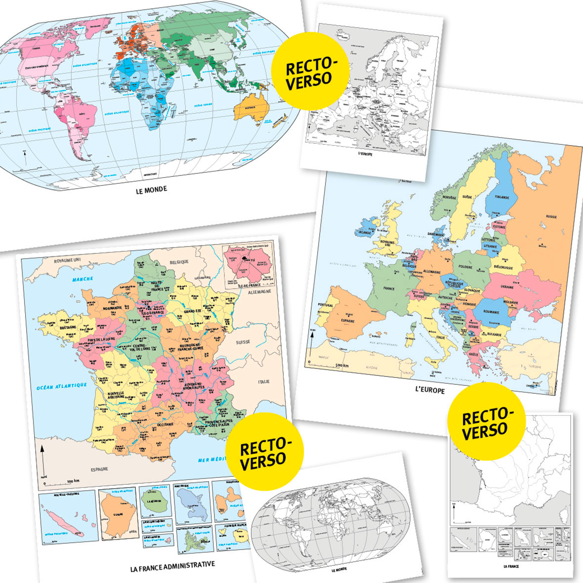 Aperçu des cartes disponibles dans l'outil complémentaire Lot de 6 cartes murales de géographie.