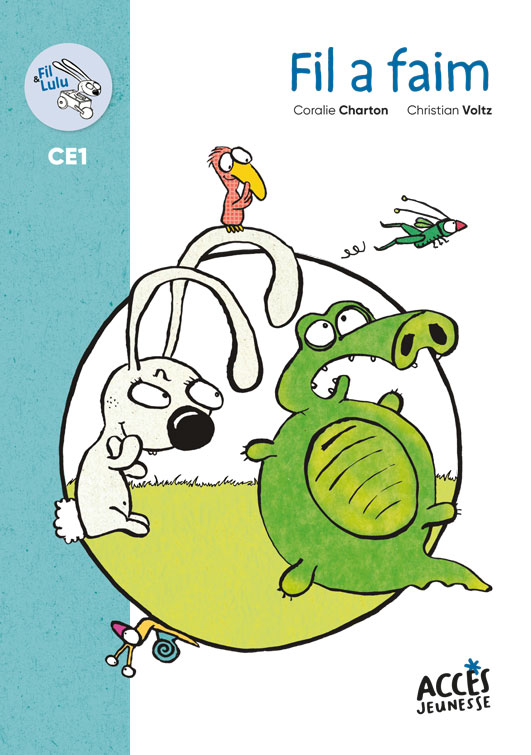 Couverture de l'album Fil a faim issu de la collection Mes premières lectures d'Accès Jeunesse, illustrée par Fil le crocodile gonflé comme un ballon et Lulu la lapine.