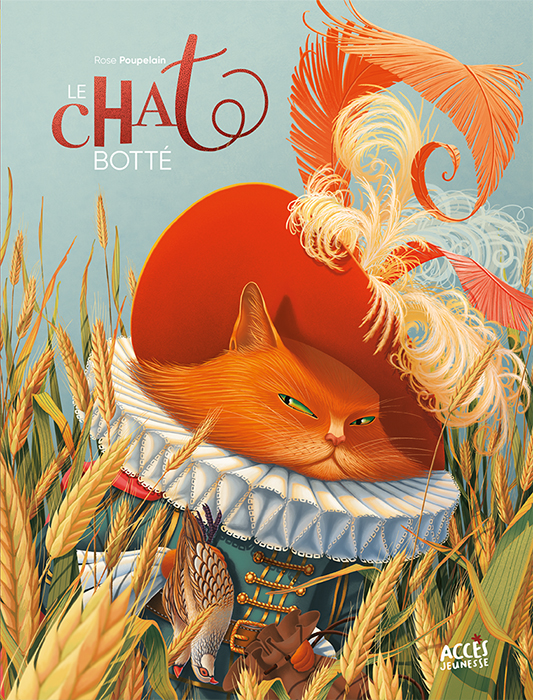 Couverture du conte Le Chat botté illustrée par le Chat botté dans un champ de blé.