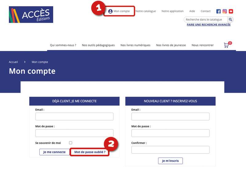 Étape 1 et 2 du tutoriel "Comment modifier le mot de passe d'un compte créé sur www.acces-editions.com?" de la rubrique Aide & Contact d'ACCÈS Éditions.