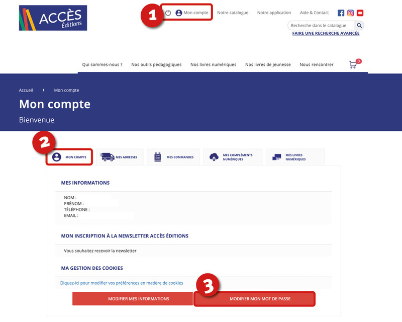 Étape 1, 2 et 3 bis du tutoriel "Comment modifier le mot de passe d'un compte créé sur www.acces-editions.com?" de la rubrique Aide & Contact d'ACCÈS Éditions.