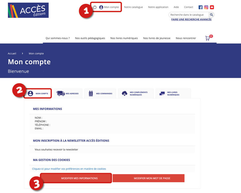 Étape 1, 2 et 3 du tutoriel "Comment s'inscrire à la newsletter ACCÈS Éditions?" de la rubrique Aide & Contact d'ACCÈS Éditions.