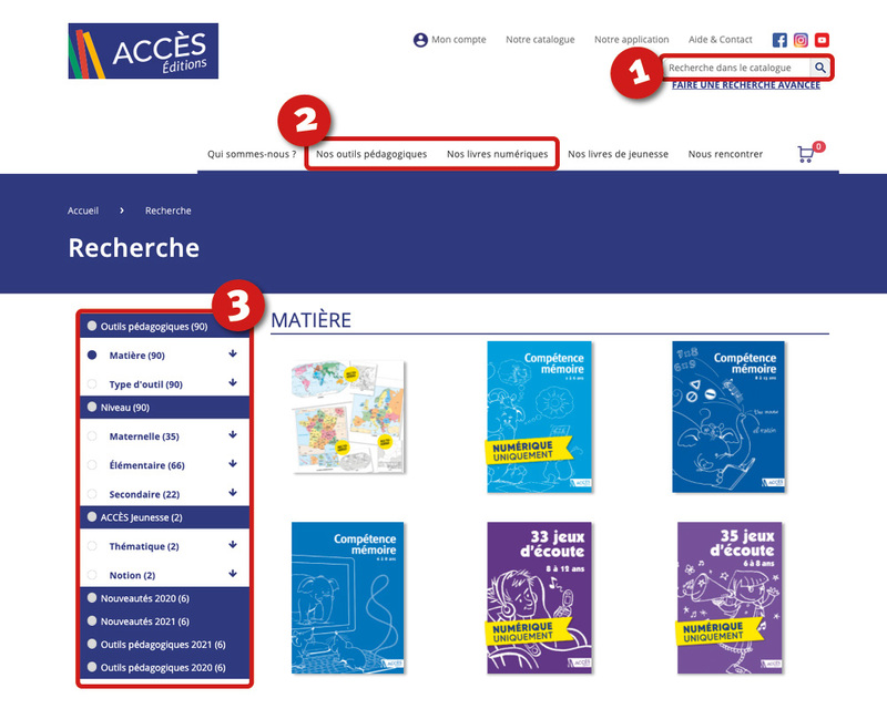 Tutoriel "Comment rechercher un produit ou un ouvrage sur www.acces-editions.com?" de la rubrique Aide & Contact d'ACCÈS Éditions.