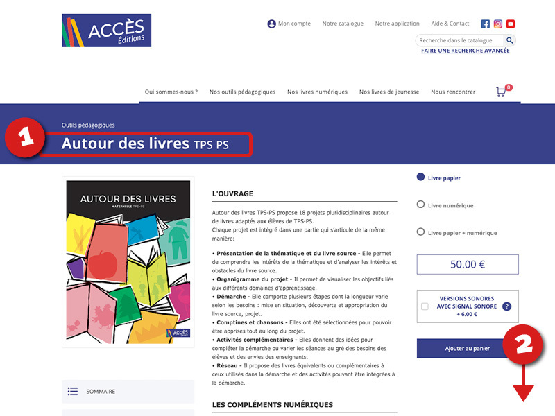 Étape 1 du tutoriel d'accès à la FAQ page Autour des livres de la rubrique Aide & Contact d'ACCÈS Éditions.
