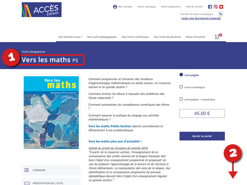 Étape 1 du tutoriel d'accès à l'onglet FAQ de Vers les maths de la rubrique Aide & Contact d'ACCÈS Éditions.