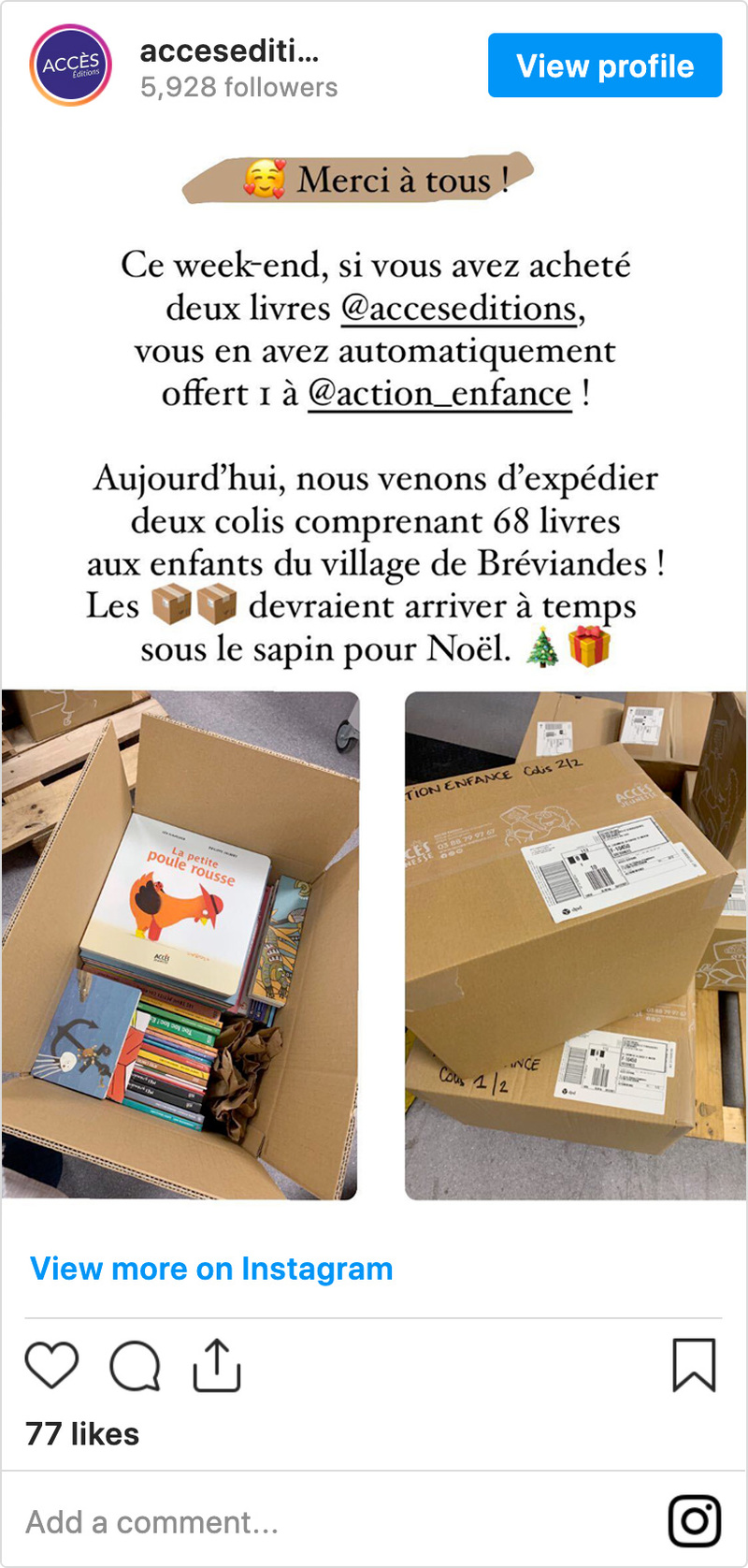 Publication Instagram remerciements Action enfance - ACCÈS Éditions