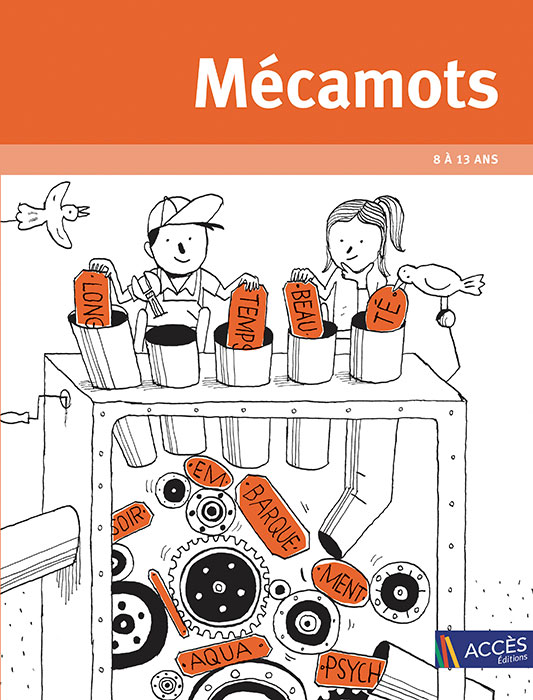 Couverture de l'ouvrage pédagogique Mécamots illustré par des enfants qui mettent des bouts de mots dans une machine à mots.
