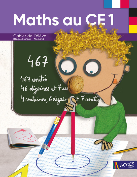 Enfant dessinant un cercle au compas sur la couverture du Cahier de l'Élève Bilingue Maths au CE1 publié par ACCÈS Éditions.