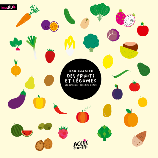 Couverture du livre Mon Imagier des fruits et légumes d'ACCÈS Jeunesse illustrées par des petits fruits et légumes.