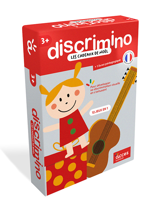 Visuel du coffret de matériel éducatif Accès ludique, Les cadeaux de Noël, illustré par une poupée, une guitare et un cadeau.