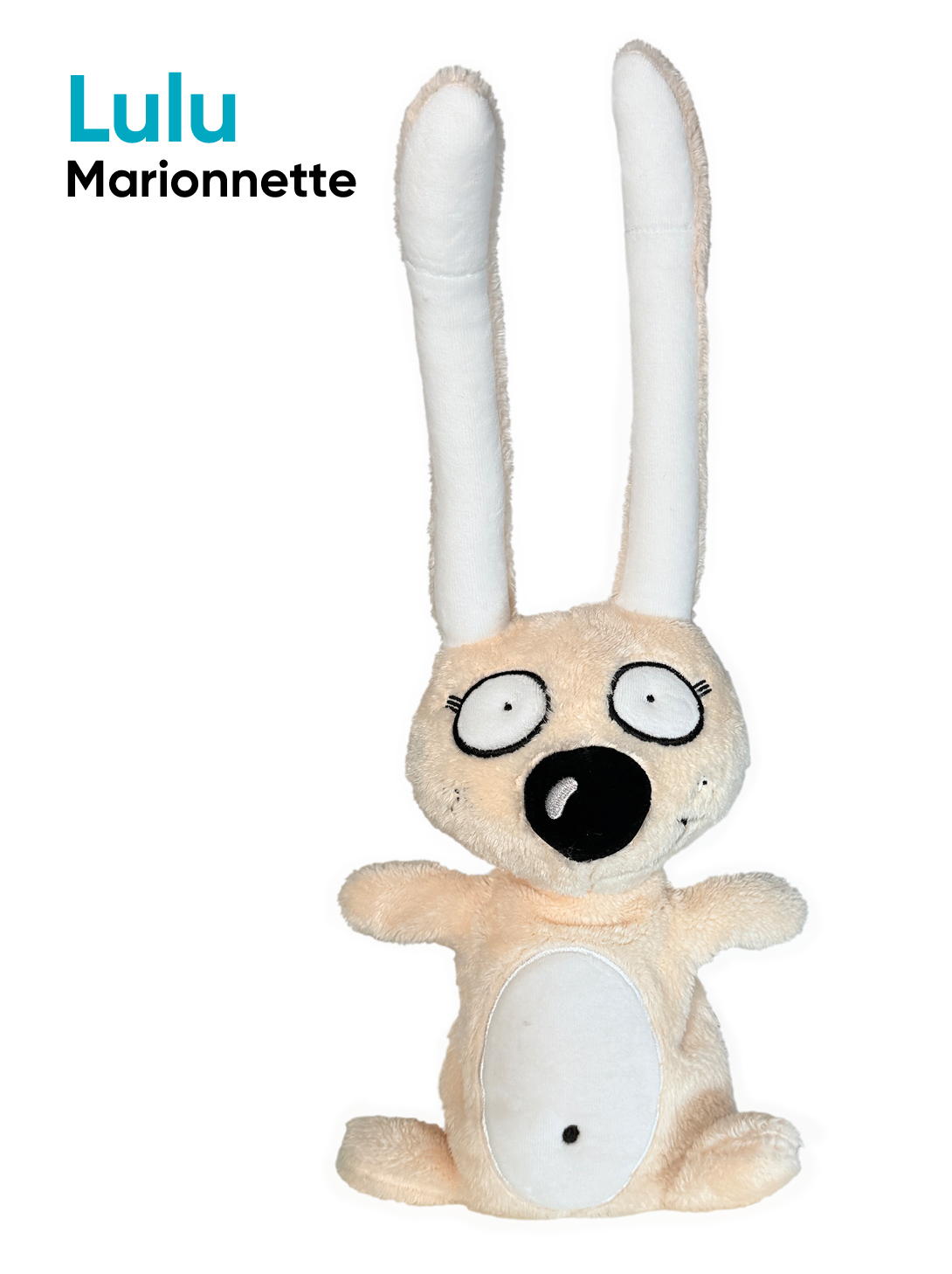 Marionnette en peluche de Lulu, un lapin attachant des méthodes de lecture Lire au CP et Français au CE1 avec Fil et Lulu publiés par Accès éditions.