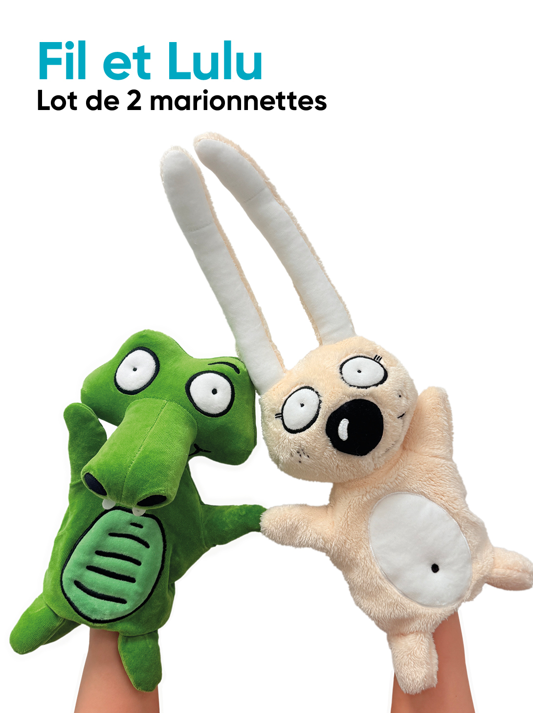 Marionnettes en peluche de Fil et Lulu, un crocodile et un lapin attachants des méthodes de lecture Lire au CP et Français au CE1 avec Fil et Lulu publiés par Accès éditions.