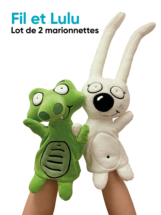 Marionnettes en peluche de Fil et Lulu, un crocodile et un lapin attachants des méthodes de lecture Lire au CP et Français au CE1 avec Fil et Lulu publiés par Accès éditions.