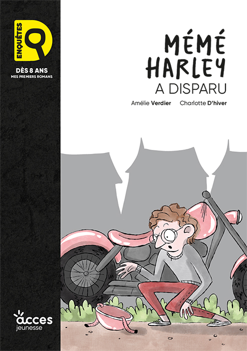 Couverture du roman d'enquête Mémé Harley a disparu, illustrée par Louis, le petit-fils de Mémé Harley, accroupi devant la moto de sa grand-mère.